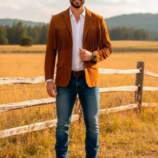 Saco Vaquero de Piel de Borrego Acabado Nobuck con Barbas Estilo Tamaulipeco para Caballero Christian