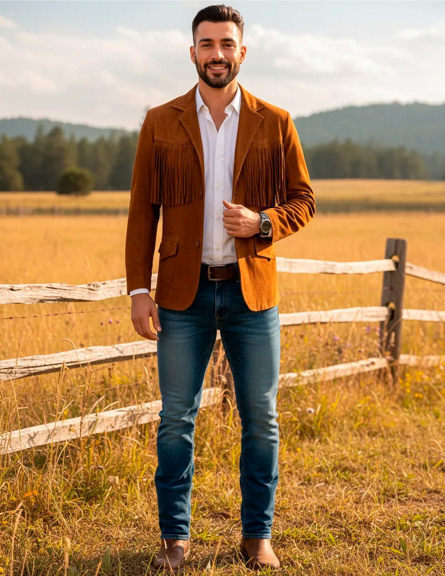 Saco Vaquero de Piel de Borrego Acabado Nobuck con Barbas Estilo Tamaulipeco para Caballero Christian