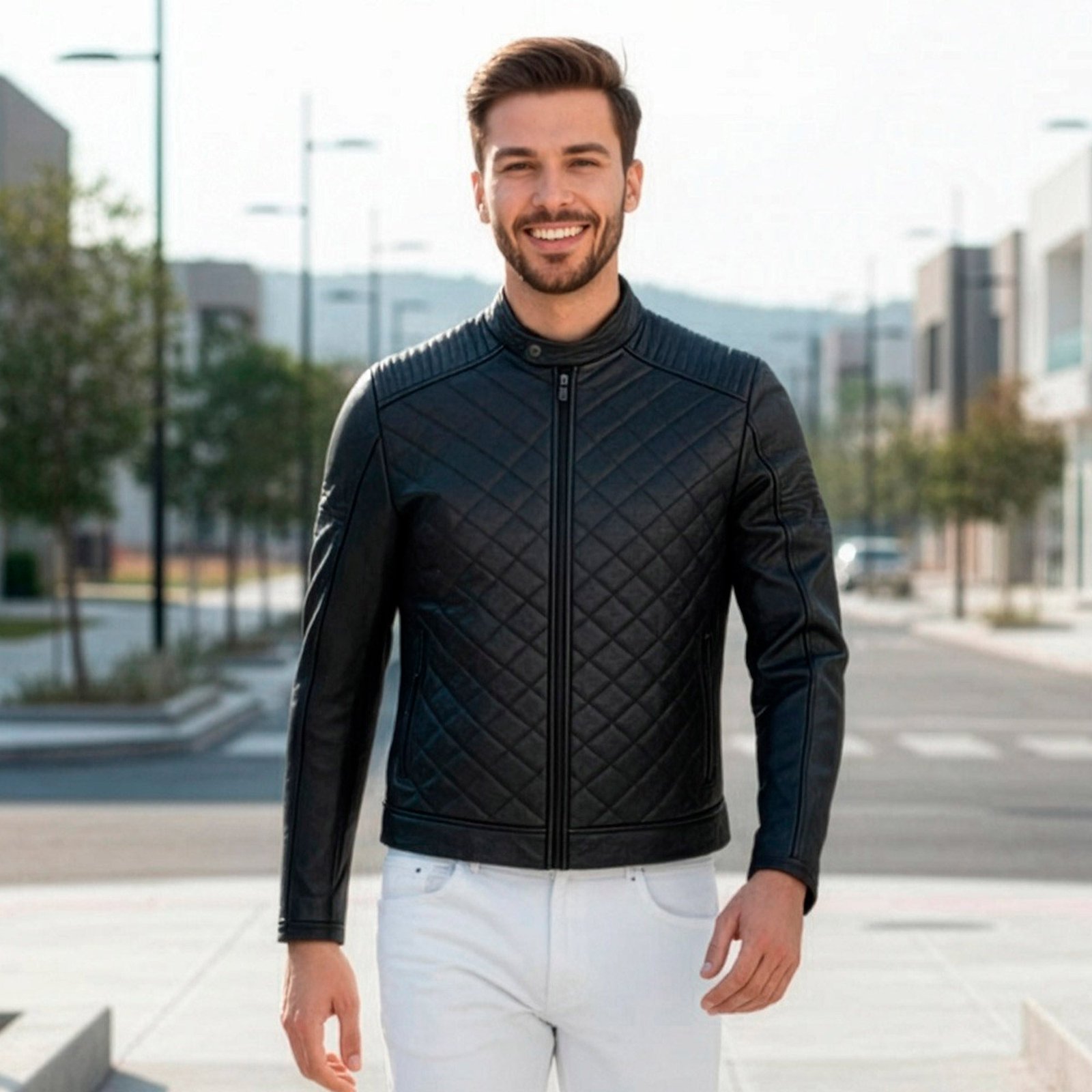 Chamarra de Piel de Borrego Capitonado Para Caballero Cuello Mao Diego