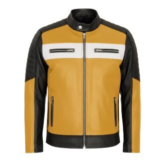 Chamarra de Piel de Borrego Para Caballero Combinada Miel con Negro Amarillo Drako