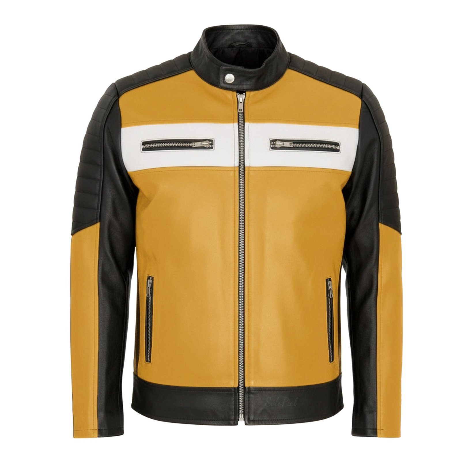 Chamarra de Piel de Borrego Para Caballero Combinada Miel con Negro Amarillo Drako