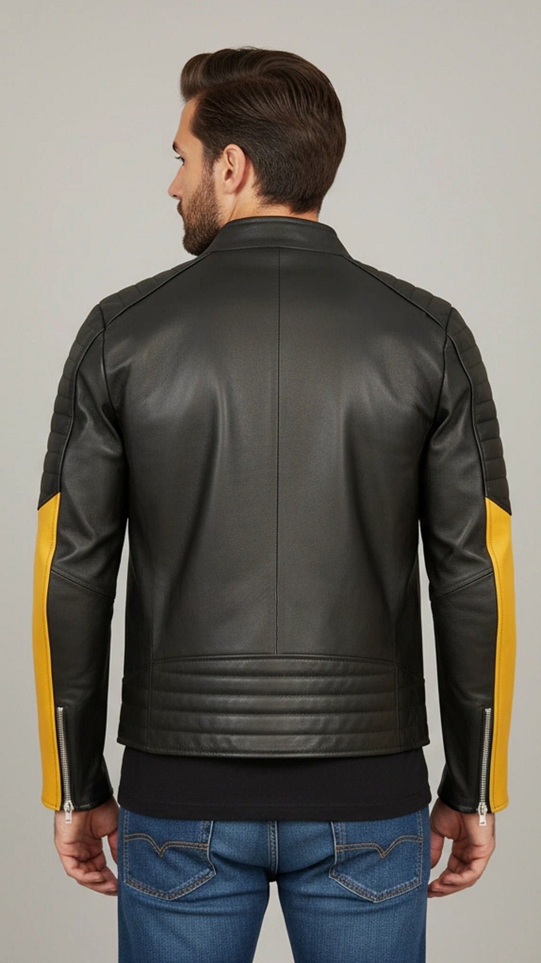 Chamarra de Piel de Borrego Para Caballero Combinada Miel con Negro Amarillo Drako - Image 3