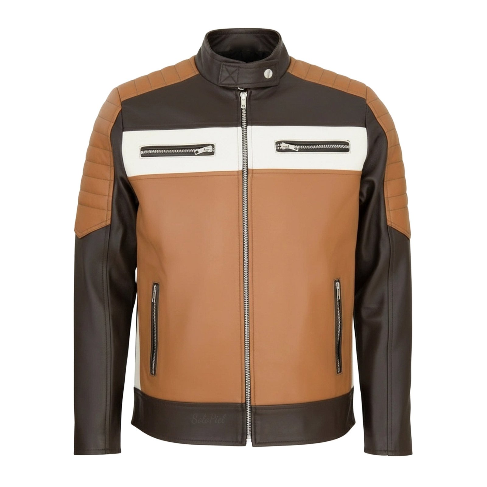 Chamarra de Piel de Borrego Para Caballero Combinada Miel con Negro Amarillo Drako - Image 4