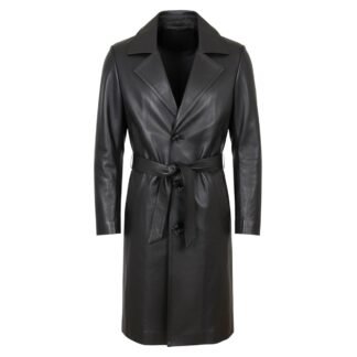 Gabardina de Piel Genuina para Caballero Largo Full con Cinto de Piel en Color Negro