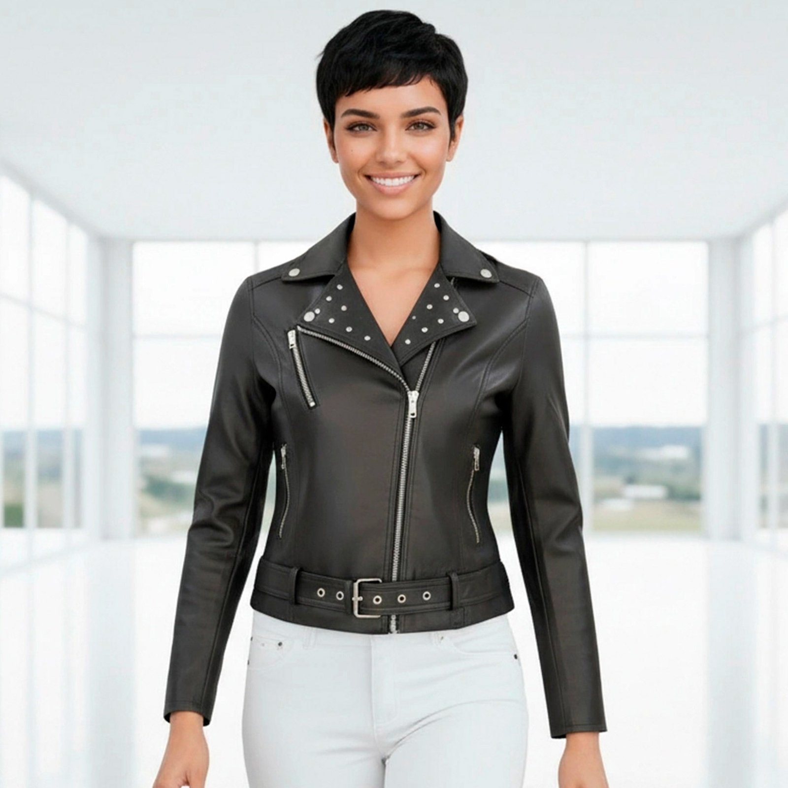 Chamarra de Piel de Borrego para Dama Corta Slim con Aplicaciones de Pedrería Natasha