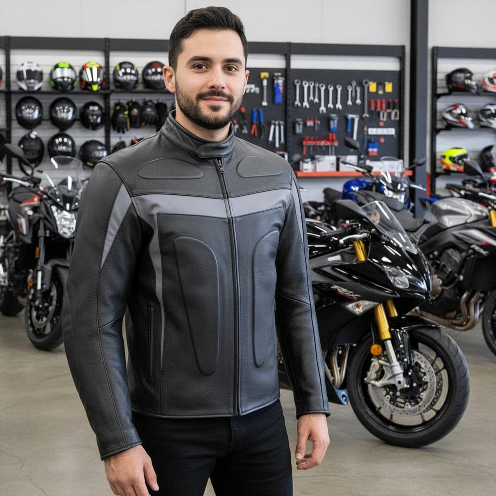 Chamarra de Piel de Res Gruesa para Caballero con Reflejantes y Protecciones Biker - Image 8