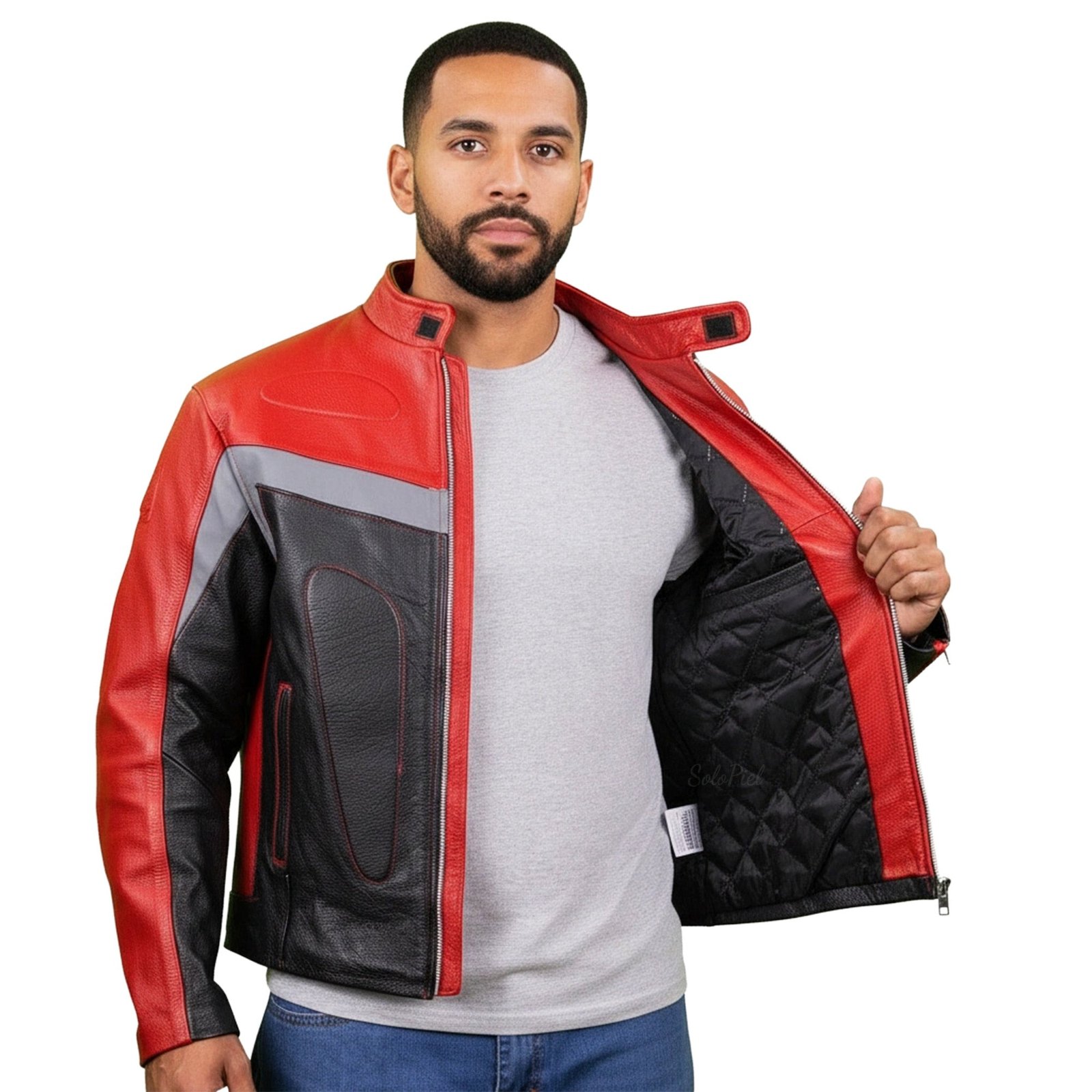 Chamarra de Piel de Res Gruesa para Caballero con Reflejantes y Protecciones Biker - Image 5